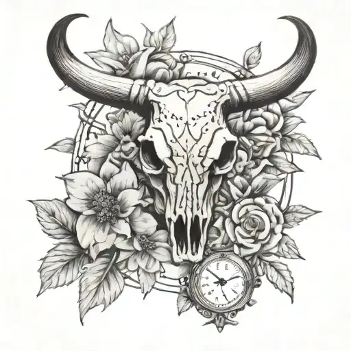 Bull Skull With May Flowers And A Clock