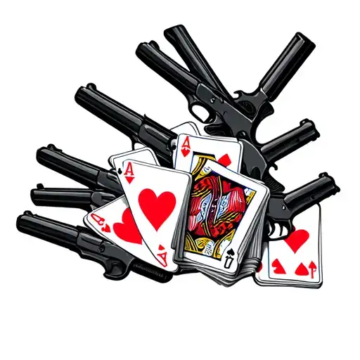 Royal Flush Of Hearts Card Set Spread Out With Guns In The Background