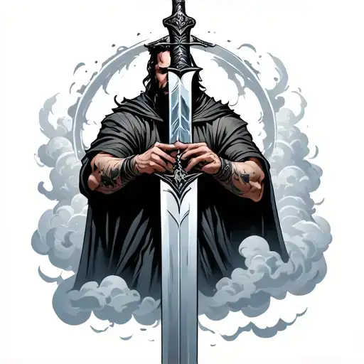 Arch Angle Michale Standing Behind Big Sword With Clouds Around Him