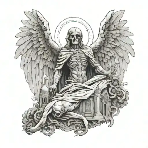 Angel Of Death With Souls Crawling Up Him With Cathedral In Background