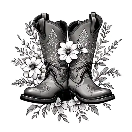 Cross With Cowboy Boots And Flowers Intertwined