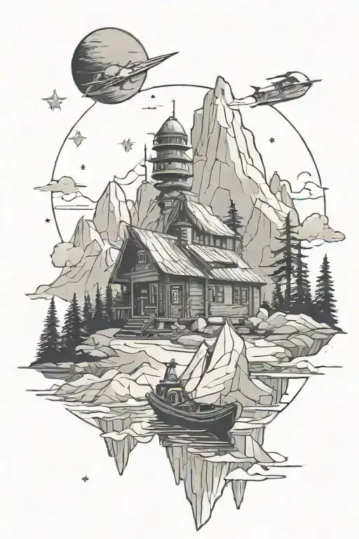 Cabin Near Water Mountains Stars And Star Wars Ships