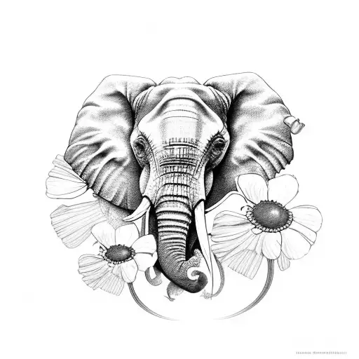 Elephant Head With Poppies And Daisies