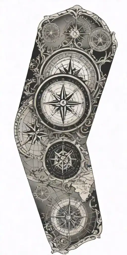 Large Geographical Map With Compass Rose