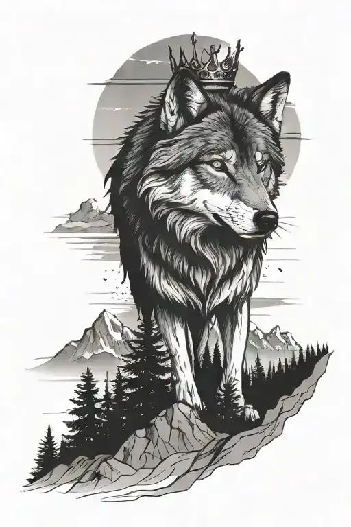 Make A Wolf With A Crown On Top Of A Mountain Watching The Sunset