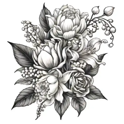 Chrysanthemum Lily Gardenia Daffodil Peony Lily Of The Valley Bouquet Black & White