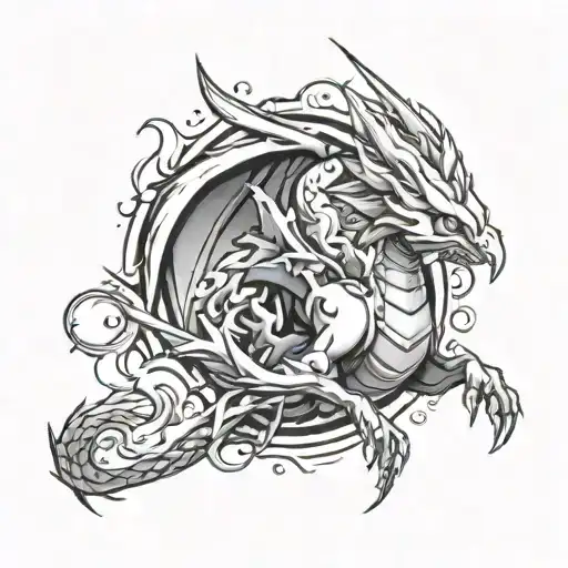 A Pokemon Themed Tattoo Featuring A Phoenix Battling A Dragon
