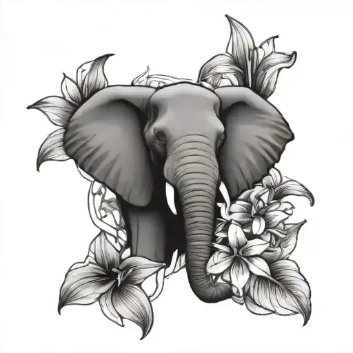Elephant Head And Lily Flowers Surrounding