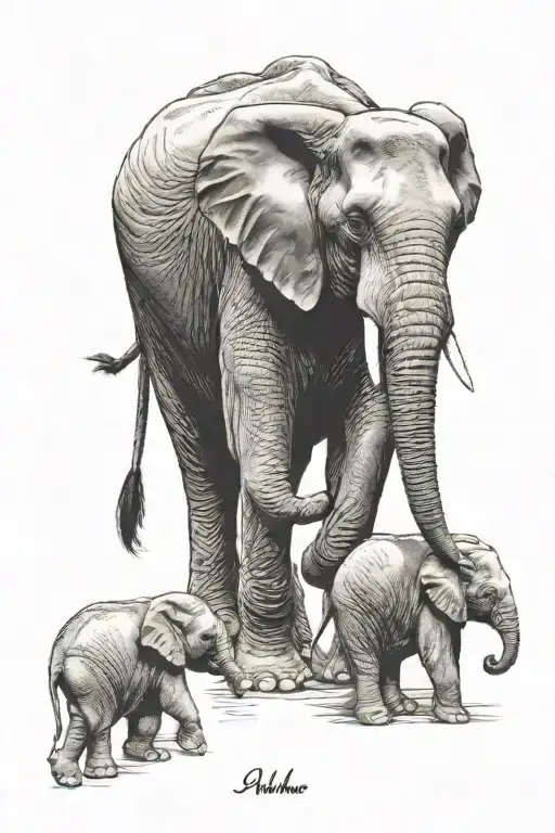 Mom And 2 Baby Elephant