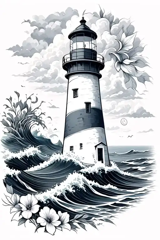 Lighthouse With Waves And Flowers