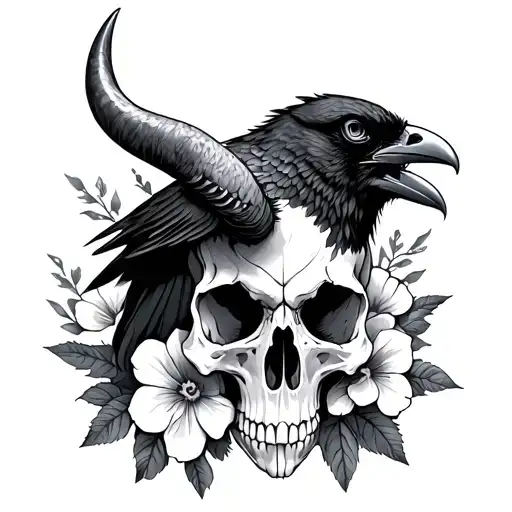 Long Horn Skull And Raven With Flowers