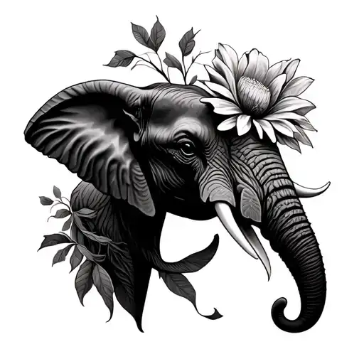 Elephant Head Trunk Up Holding A Flower Intertwined