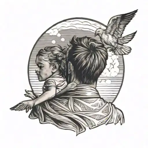 Back Of Father Holding His Daughter To The Sky