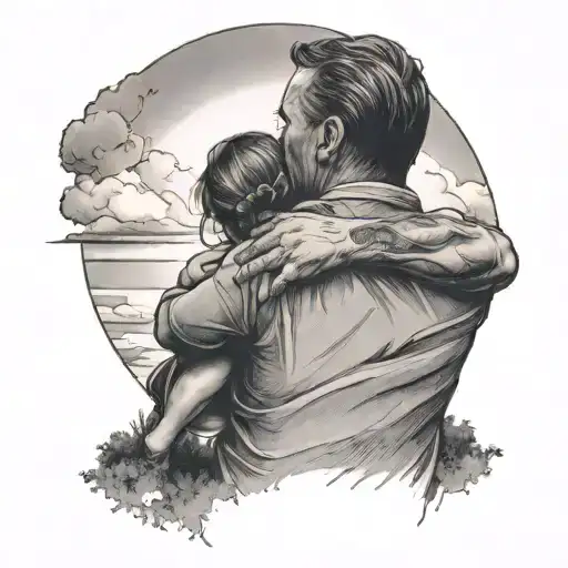 Back Of Father Holding His Daughter To The Sky