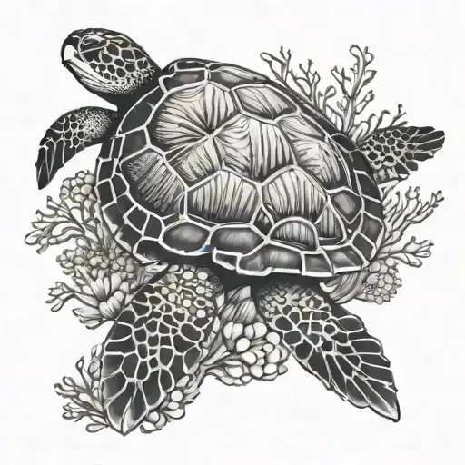 Sea Turtle With Ocean And Corals Surrounded