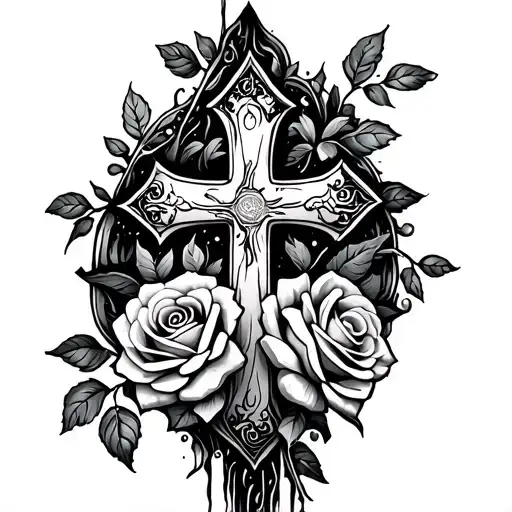 Fine Line Tattoo Delicate Cross A Vine Growing Up It And Roses With Water Somehow Incorporated