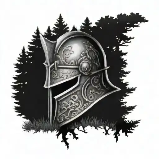 Forest With A Knight Helmet On The Ground