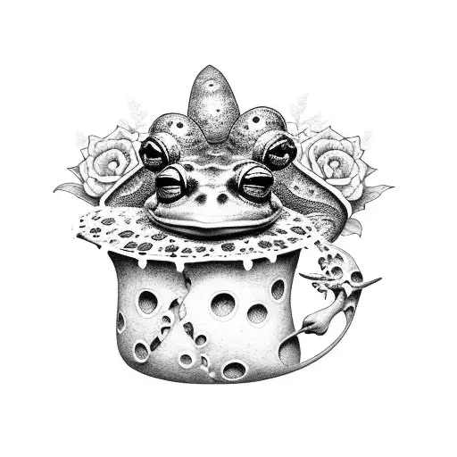 A Dotwork Tattoo Of A Frog Perched On A Toadstool Surrounded By Flowers