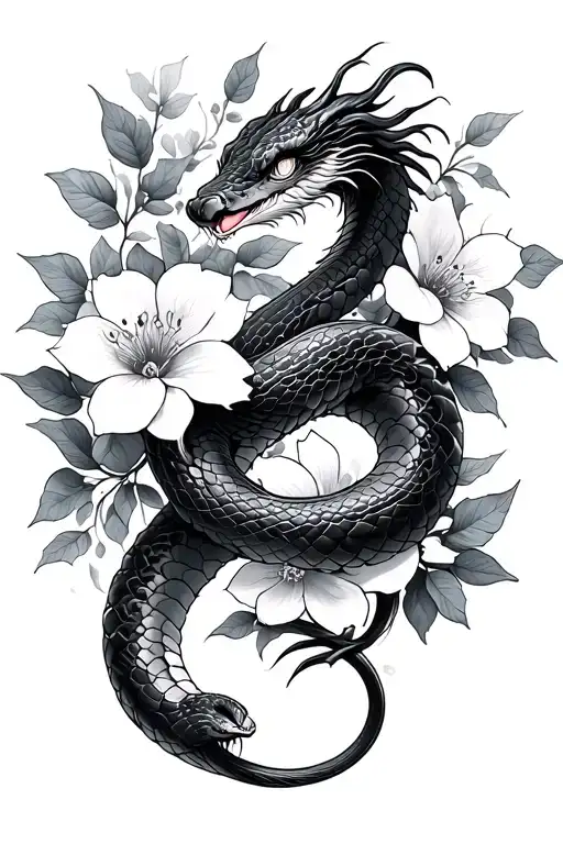 Chinese Snake With Flowers Intertwined