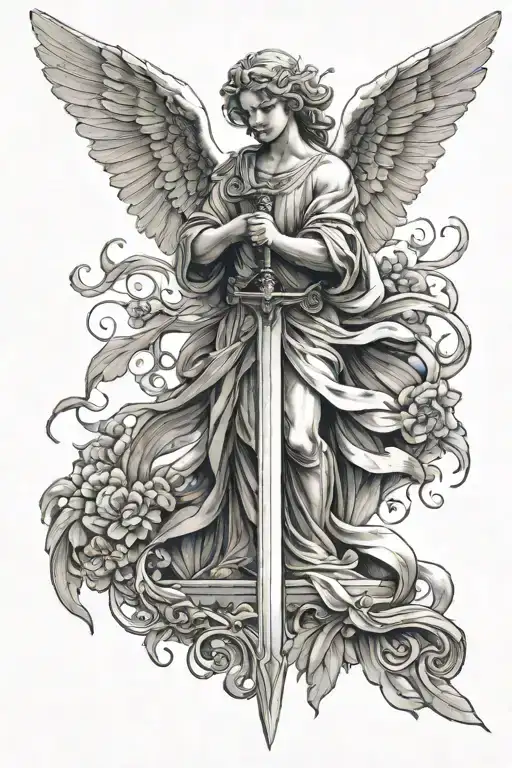 Angelic Statue Holding Sword Facing Down Wings Facing Down