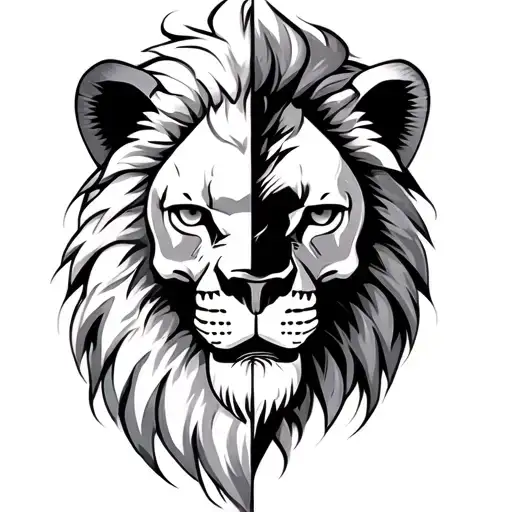 Lion Face With Half Of It Showing Its Skull And Bones