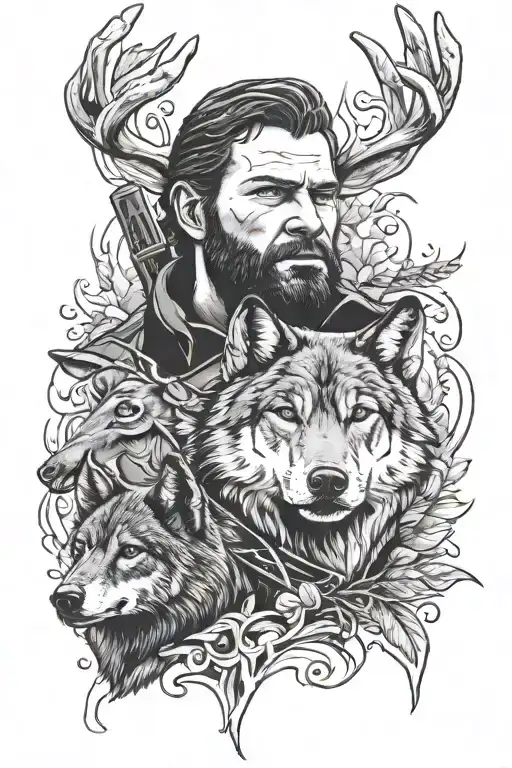 Arthur Morgan Portrait With A Wolf And A Deer Beneath Him