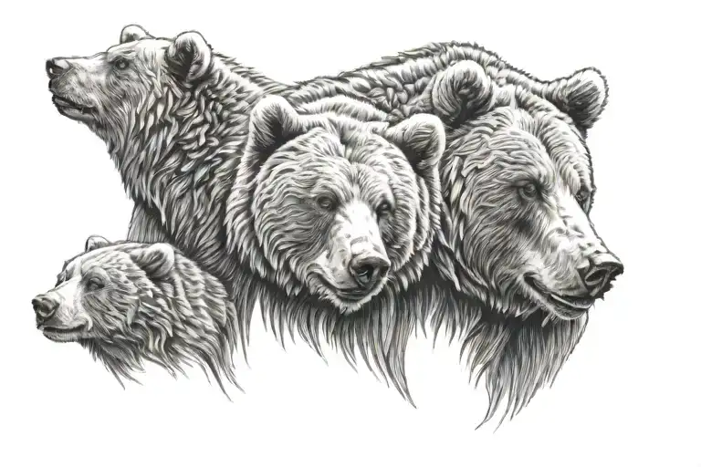 Grizzly Bear Head With Two Cubs Playing