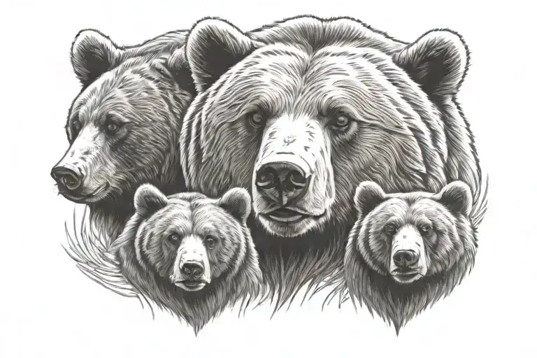 Grizzly Bear Head With Two Cubs Playing