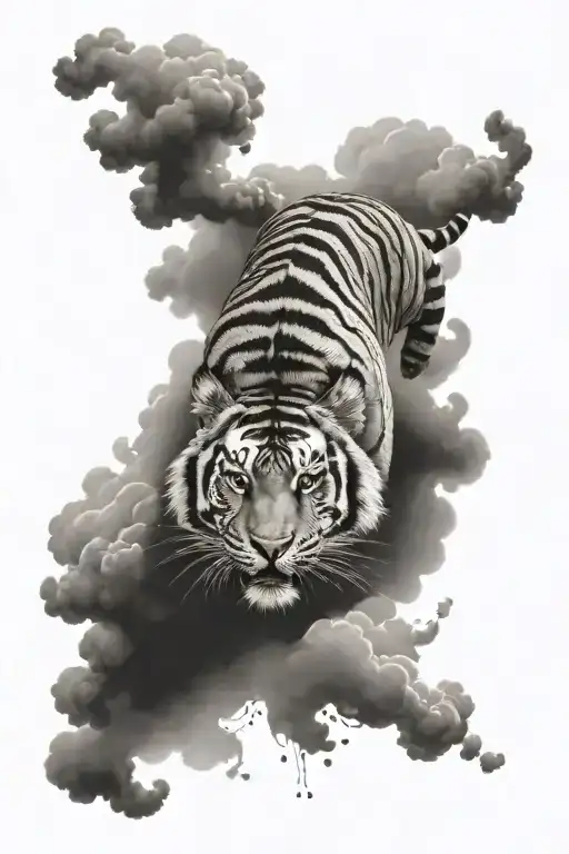 Graceful Tiger With Water At Bottom And Clouds In Background