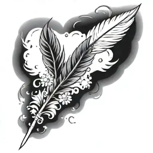 Tiny Red Phoenix Feather With Daisy Flowers Blowing Around It Luminous Points