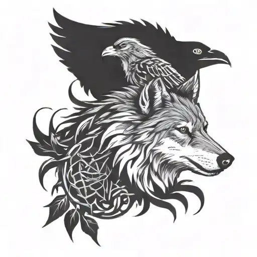 A Wolf And A Raven With Thorn-branch Background