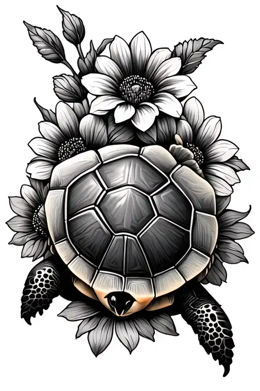 Turtle Surrounded By Flowers