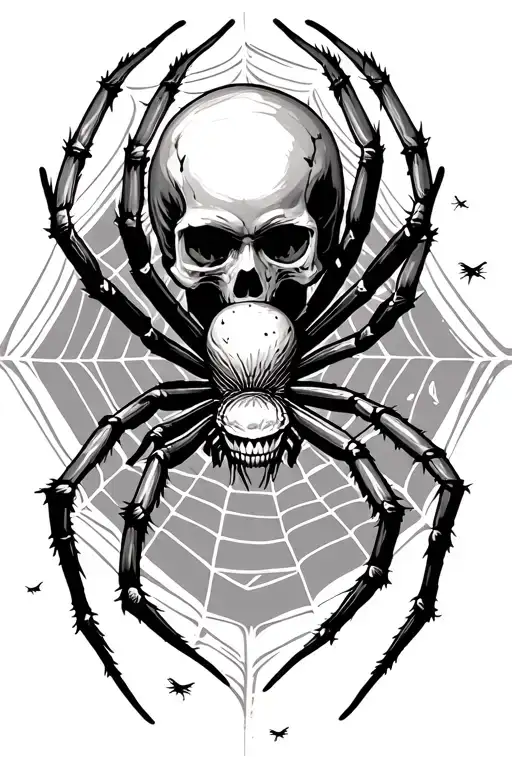 Spider On The Forearm With A Skull Surrounded And Some Webs Scattered Around