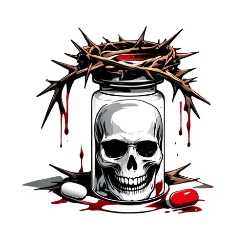 A Pill Bottle With A Skull On It With A Bloody Crown Of Thorns Wrapped Around It
