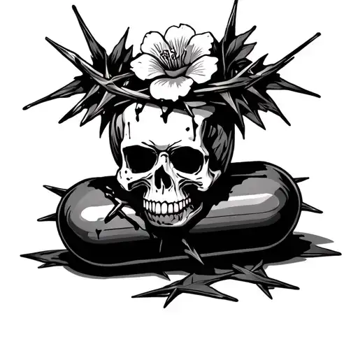 A Pill With A Skull On It With A Bloody Crown Of Thorns Wrapped Around It With A Flower On Top