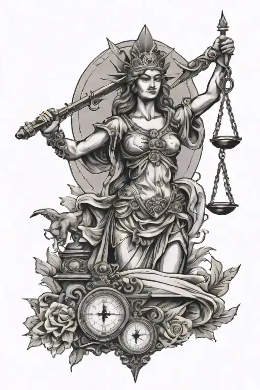 Lady Justice With Crossed Muskets And A Compass