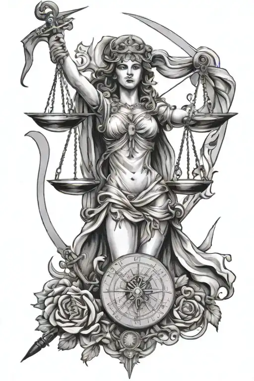 Lady Justice With Crossed Muskets And A Compass