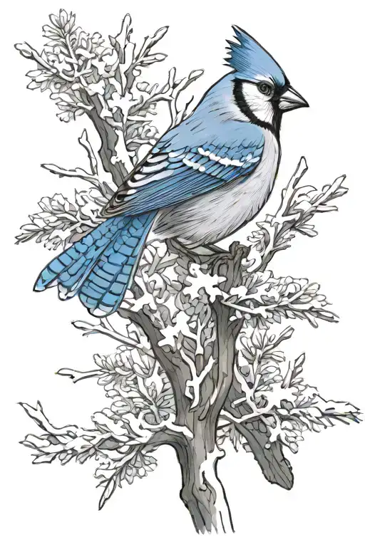 Cardinal Sitting Next A Blue Jay On A Snowy Branch