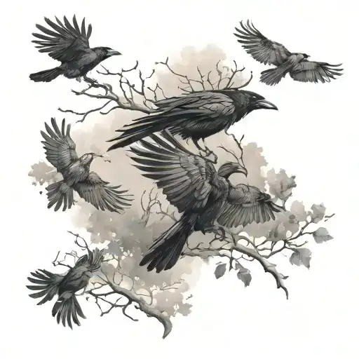 Flock Of Crows Fading With Forest Background