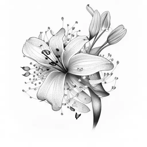 Lily With Stem And Butterflies And Baby's Breath