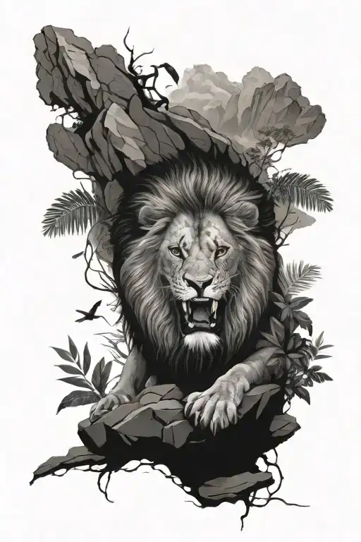 Lion Roaring On A Rock With A Jungle Under It
