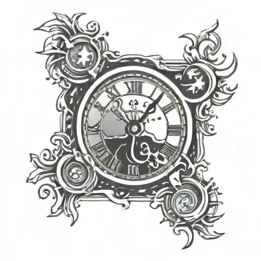 Stamp Tattoo With A Melting Clock Inside With Stars And Musical Notes In The Background