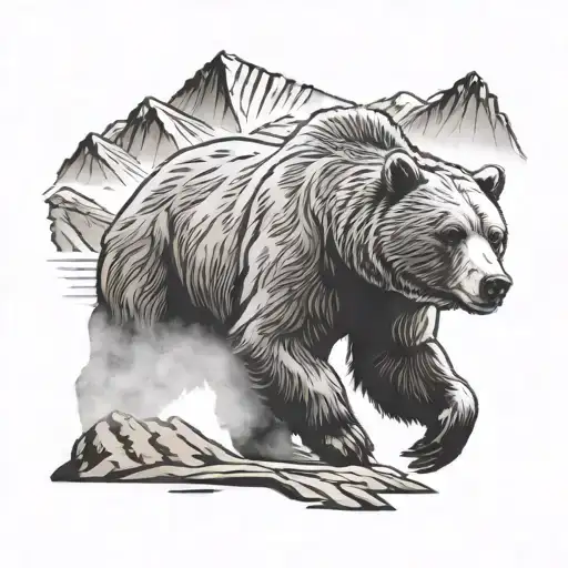 Running Grizzly Bear With Large Mountains Inside