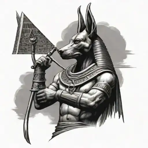 Realistic Anubis Holding His Staff And In The Background The Pyramids Of Egypt