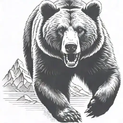 Grizzly Bear Running With Mountains In Background