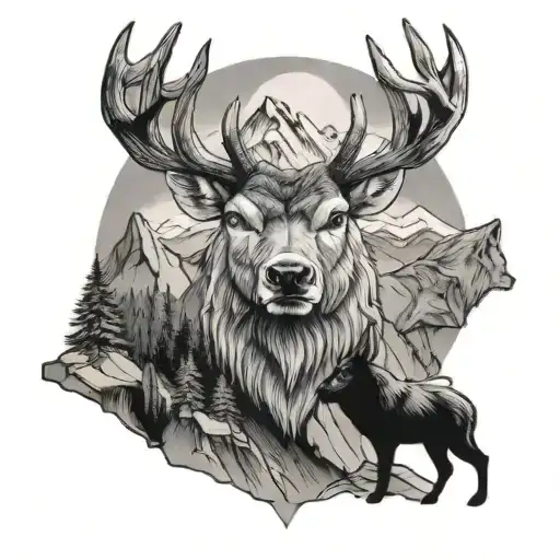 A Deer With A Bear And A Wolf And A Mountain In The Background