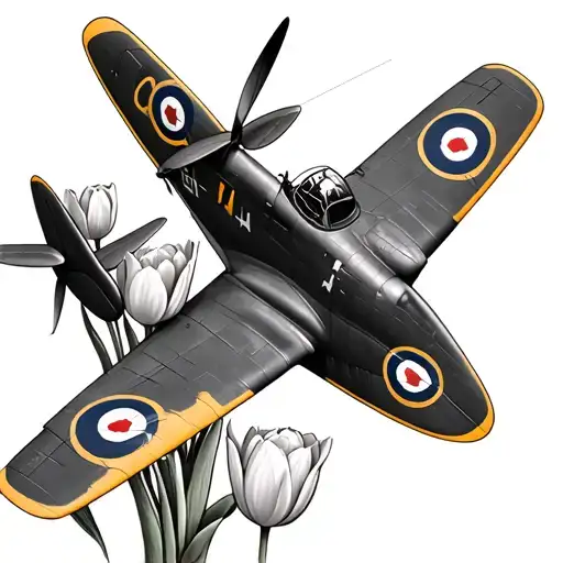 Spitfire Fighter Plane & Tulips Black And Grey