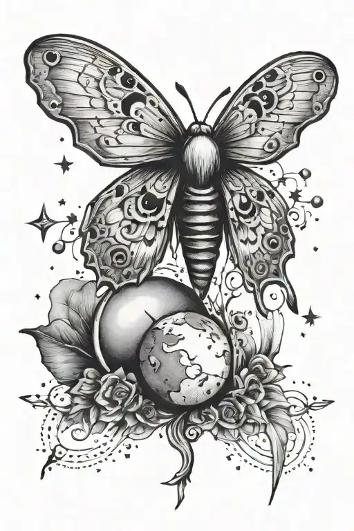 Moth With Sun And Moon Surrounded By Stars