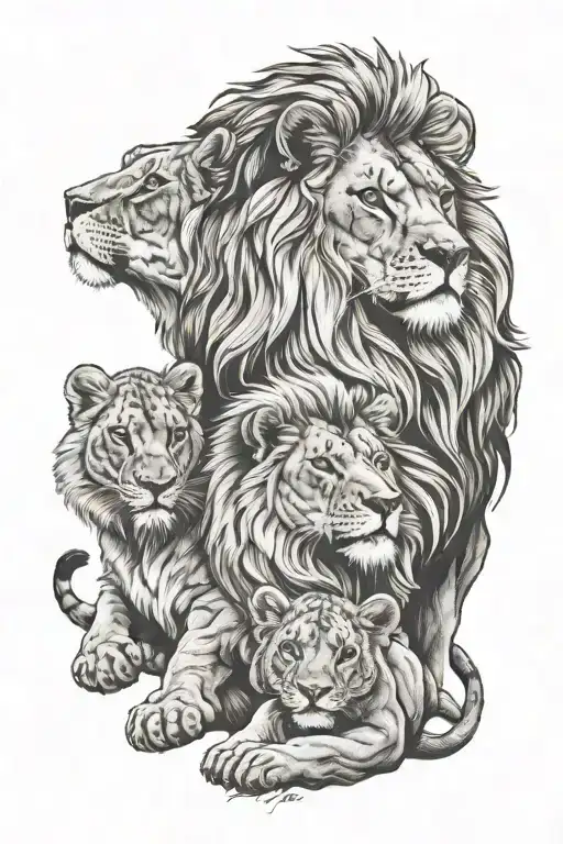 Lion With 3 Cubs And Lioness