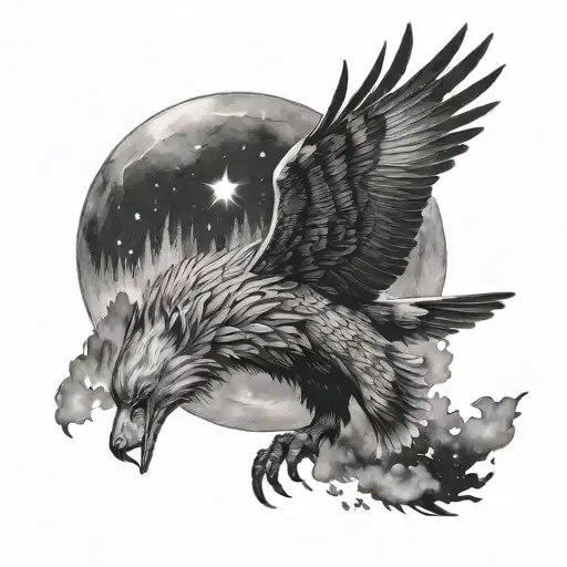 An Eagle Hunting Under The Moonlight On A Starry Night And A Large Wolf Following Him